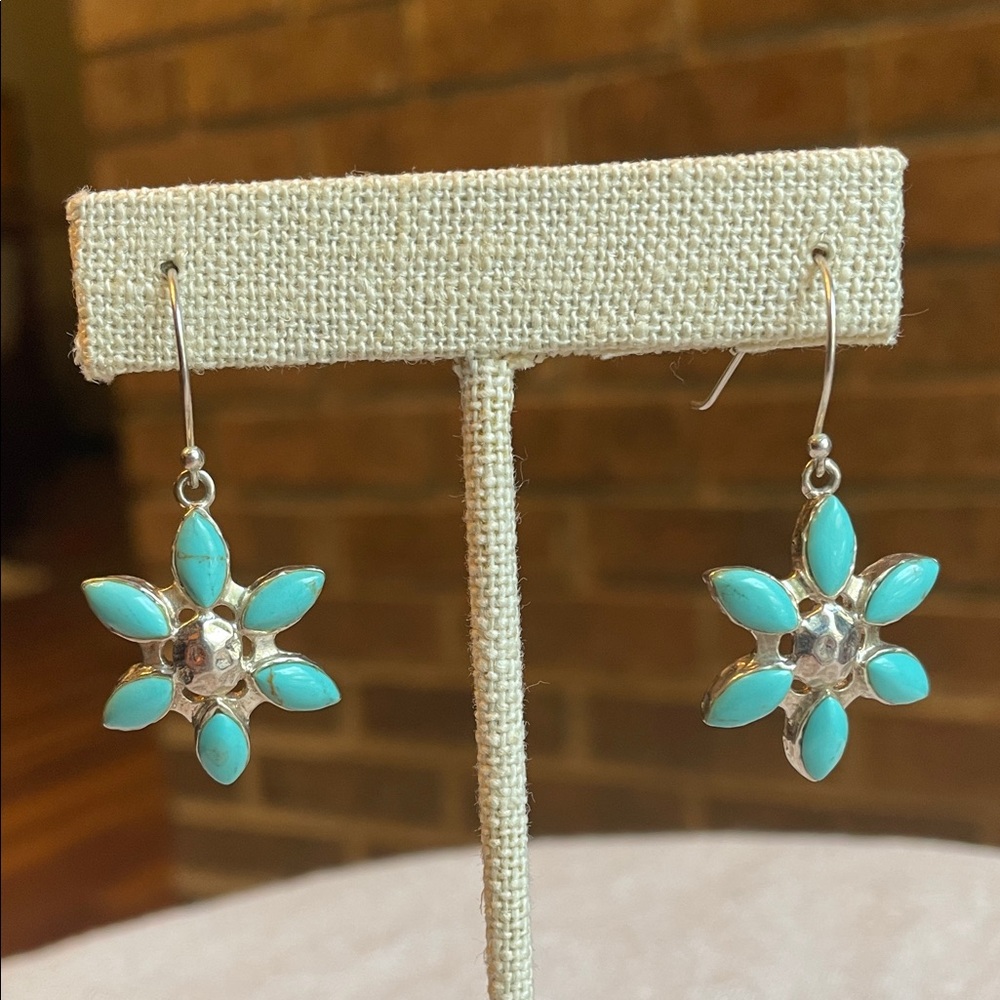 Sterling Silver .925 Vintage Turquoise Organic Flower Hook Dangle Drop Earrings - Picture 4 of 8